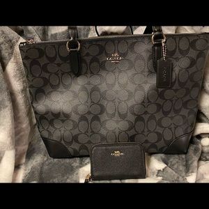 Black Coach Zip Tote with ID holder